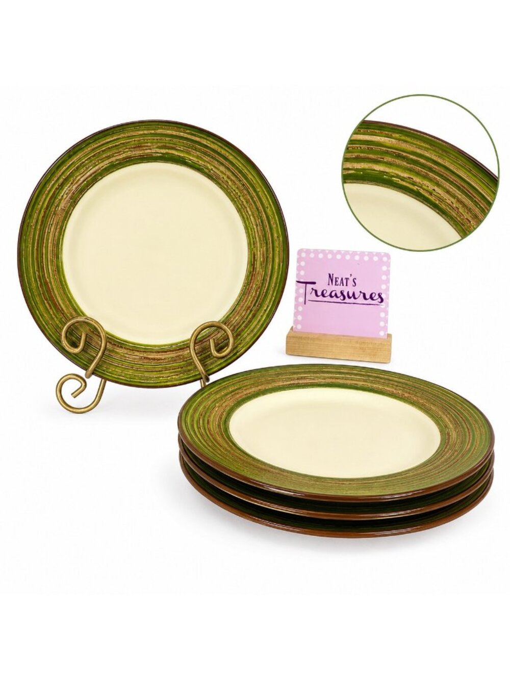 Gibson Home Green Rim Cream Center Oven Safe Ceramic Shallow Pasta Bowls Set 4